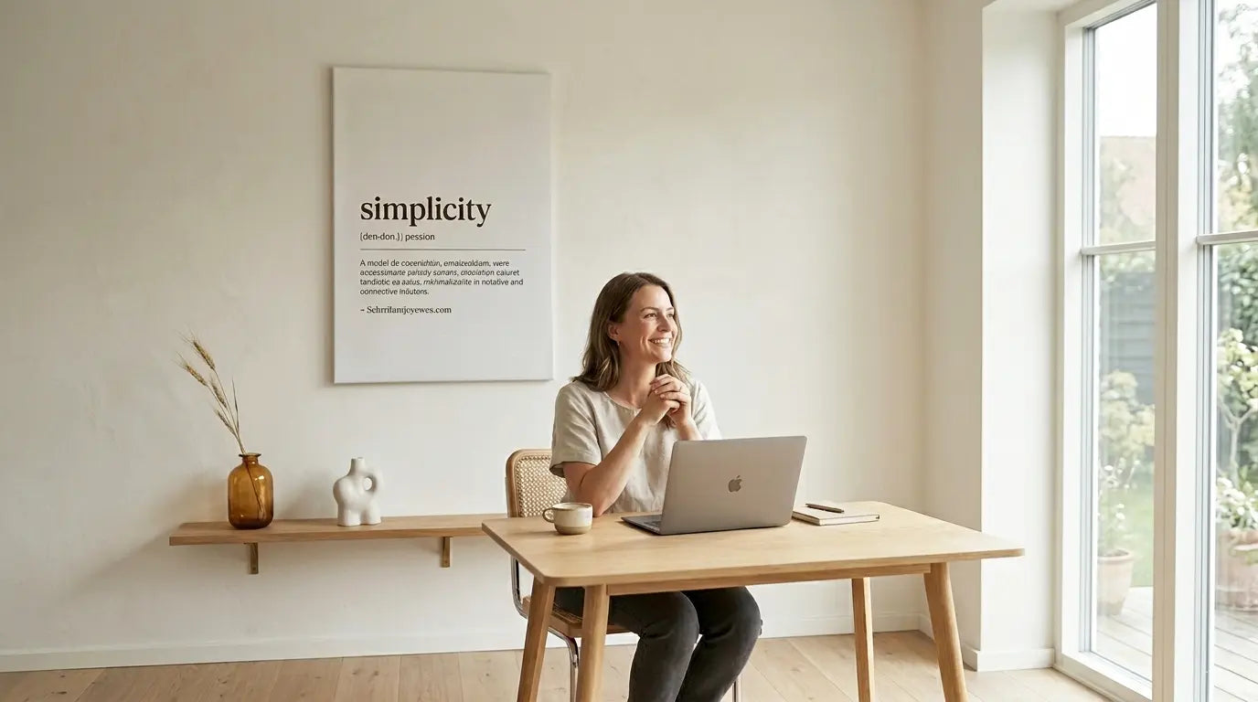 Woman sitting at a desk with a laptop, smiling in a bright room with a 'simplicity' poster on the wall.