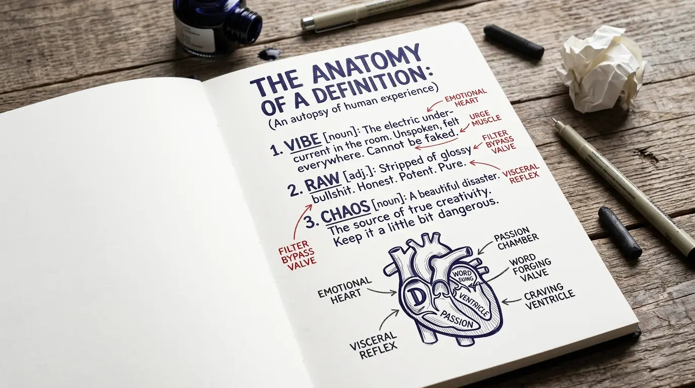 Open book with diagram titled 'The Anatomy of a Definition' on a wooden surface.