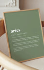 Definition Poster of Aries on Sage Green background
