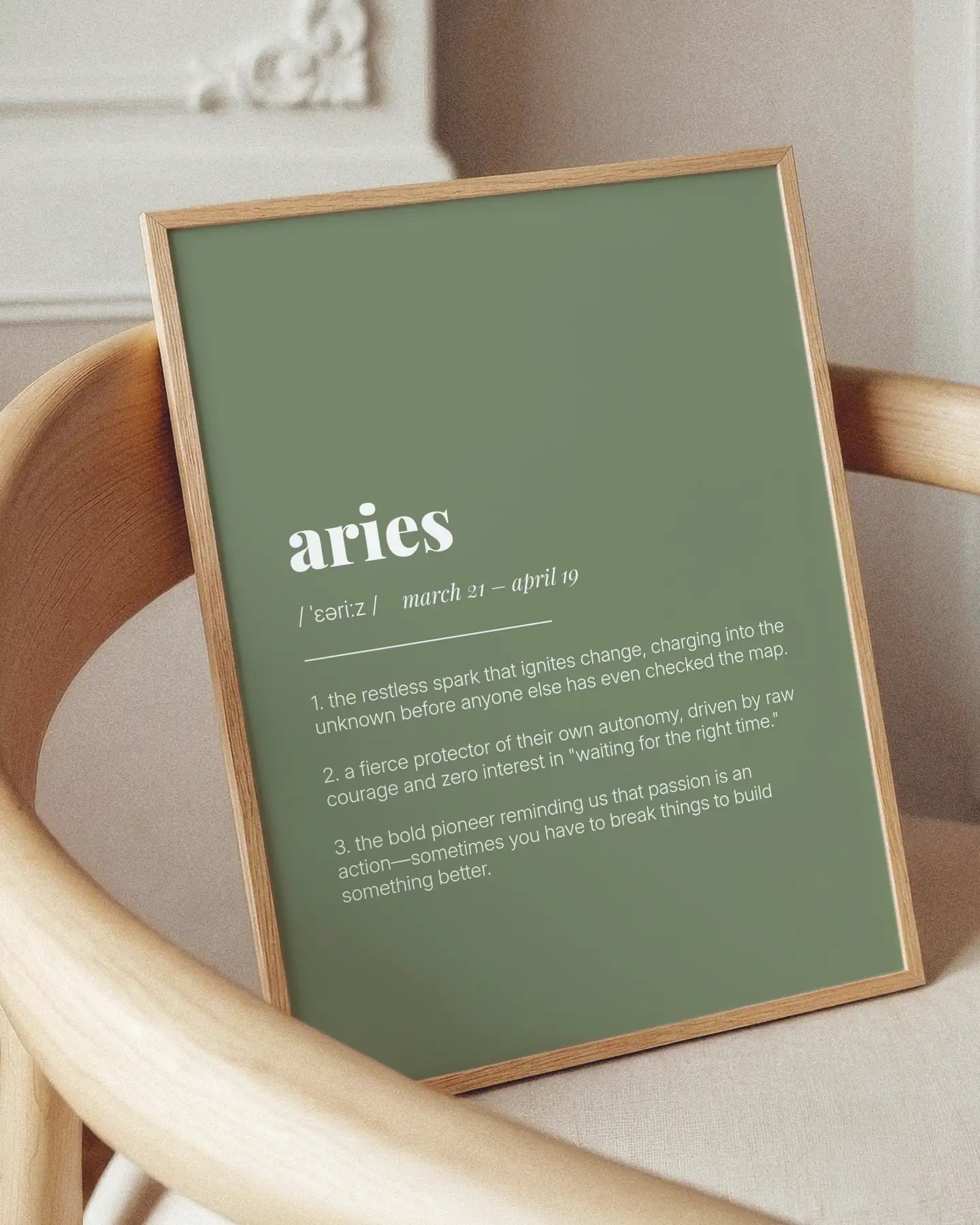 Definition Poster of Aries on Sage Green background
