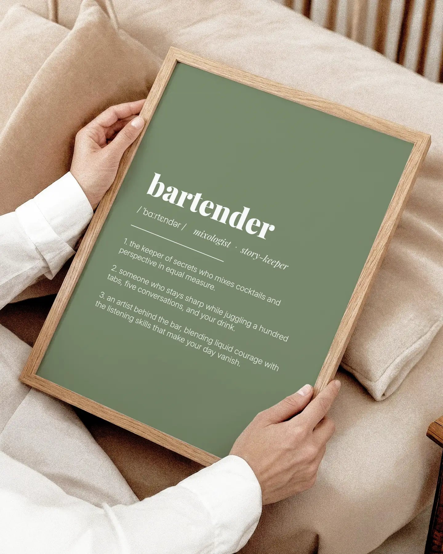 Definition Poster of Bartender on Sage Green background