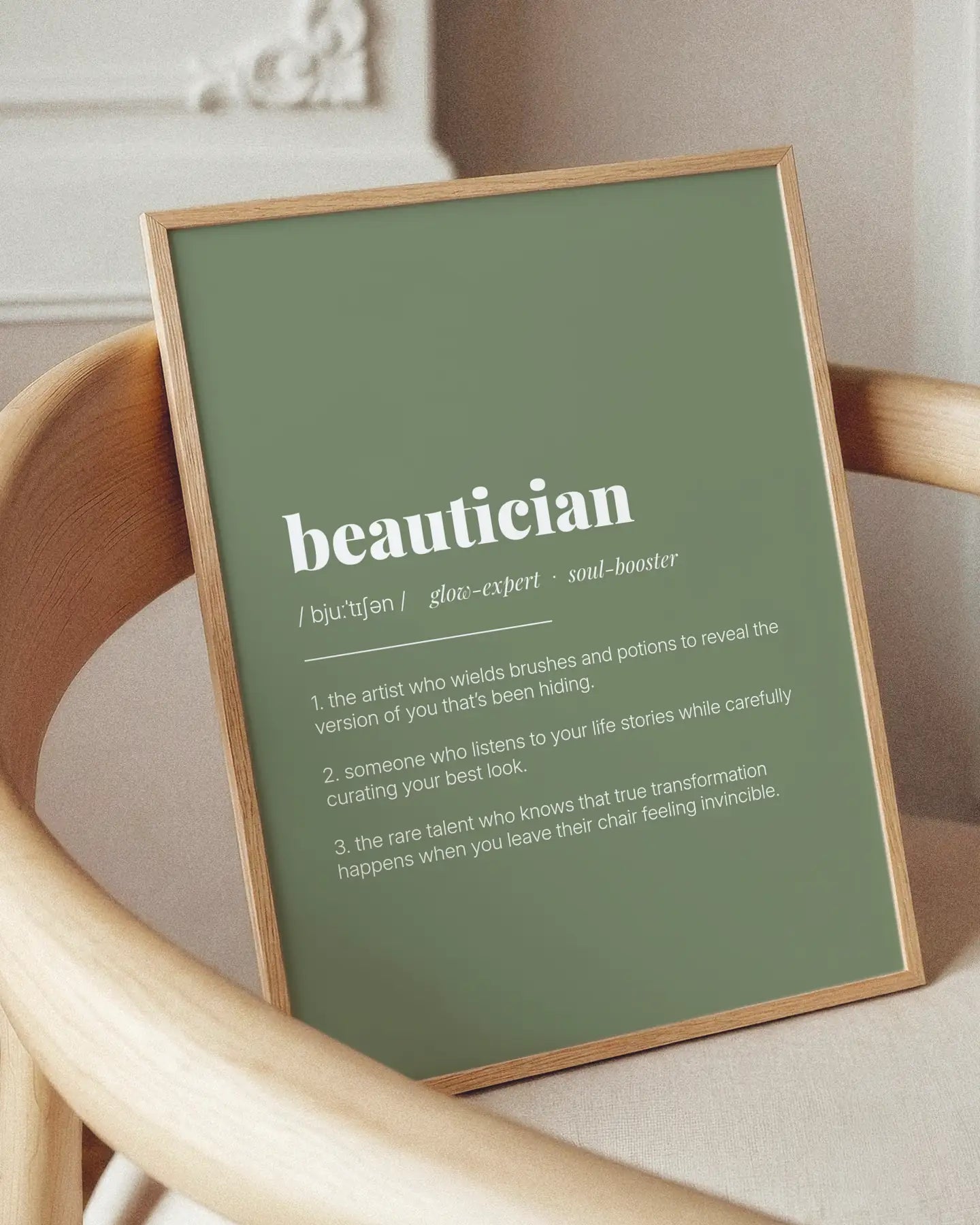 Definition Poster of Beautician on Sage Green background