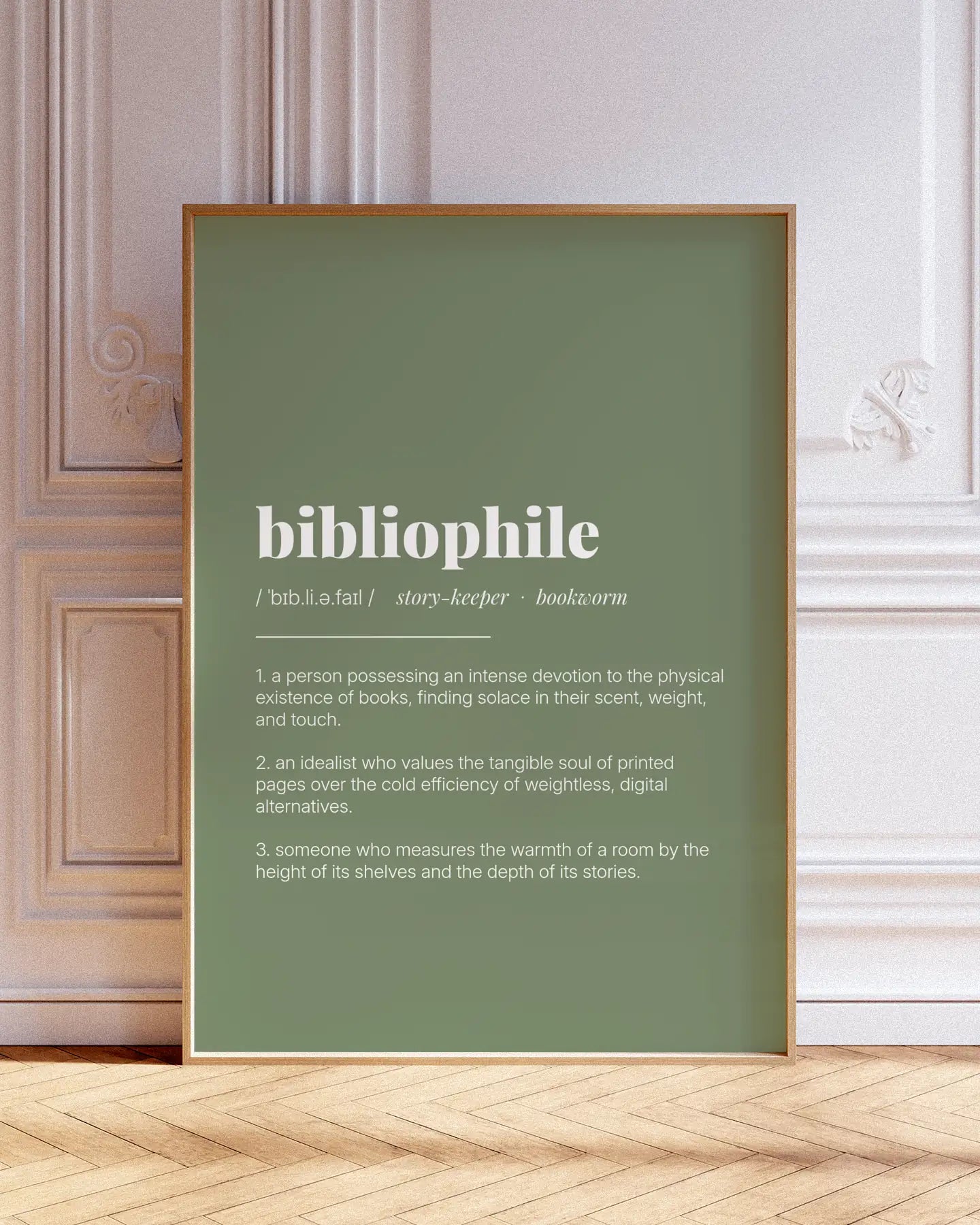 Definition Poster of Bibliophile on Sage Green background