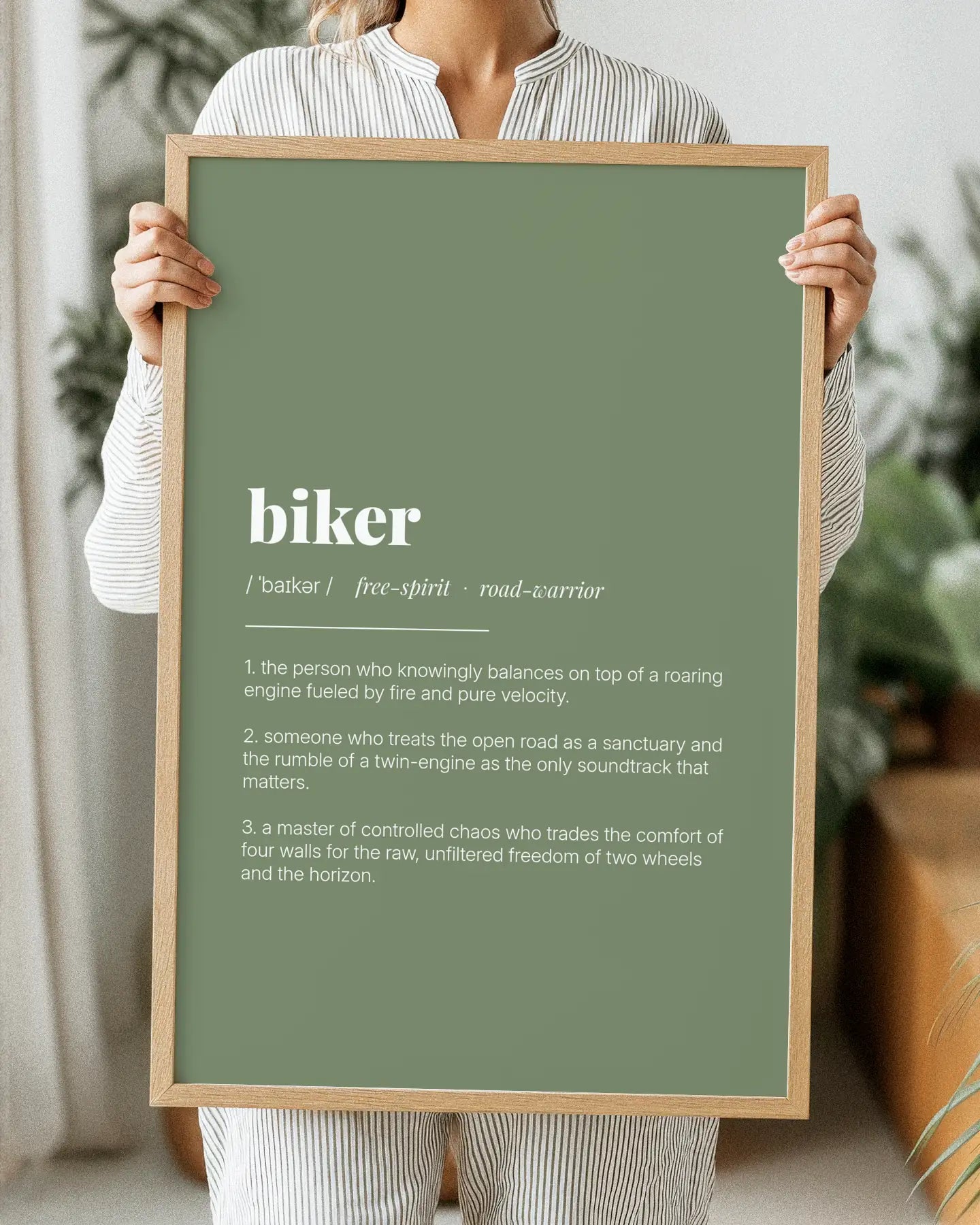 Definition Poster of Biker on Sage Green background