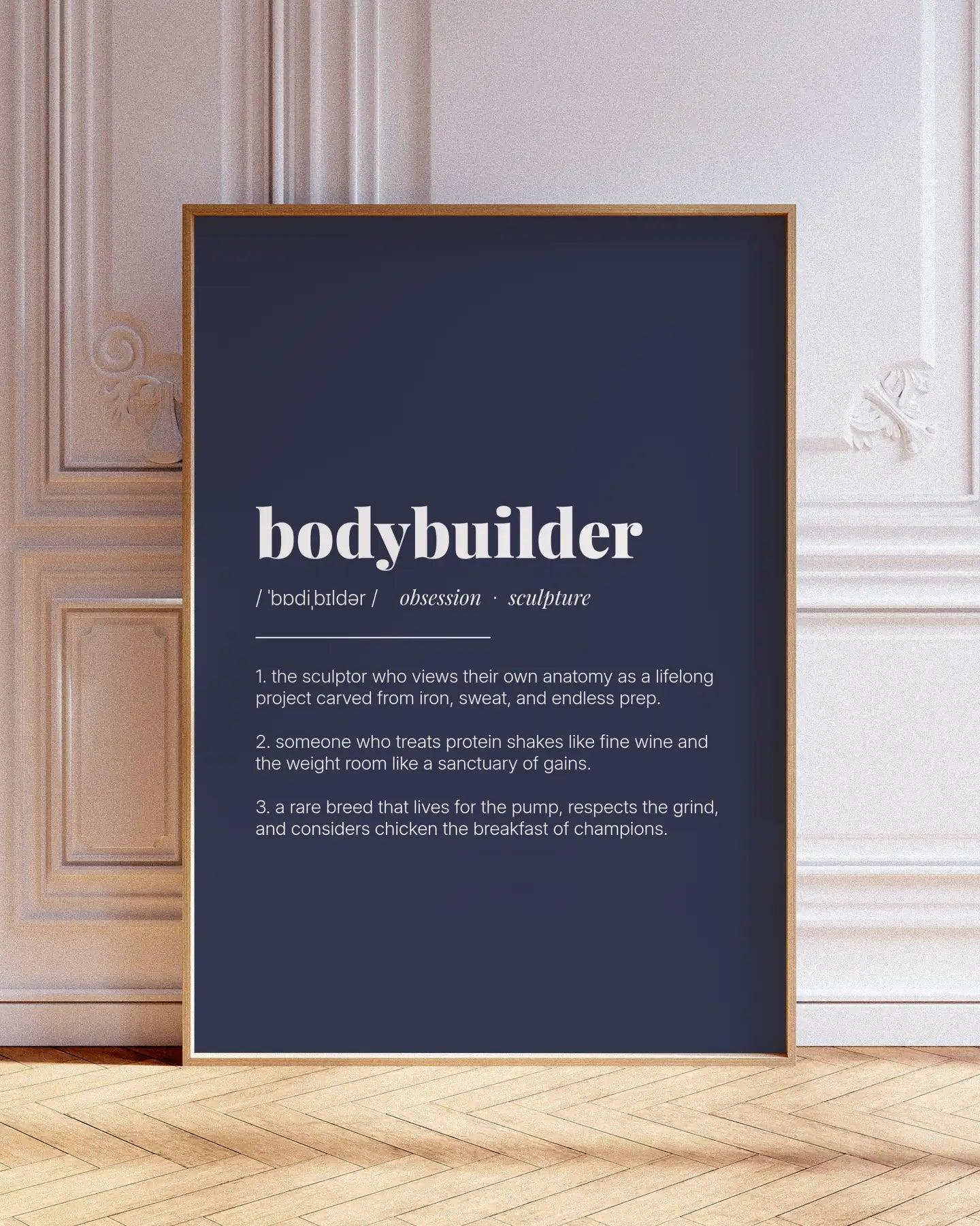 Definition Poster of Bodybuilder on Deep Navy background