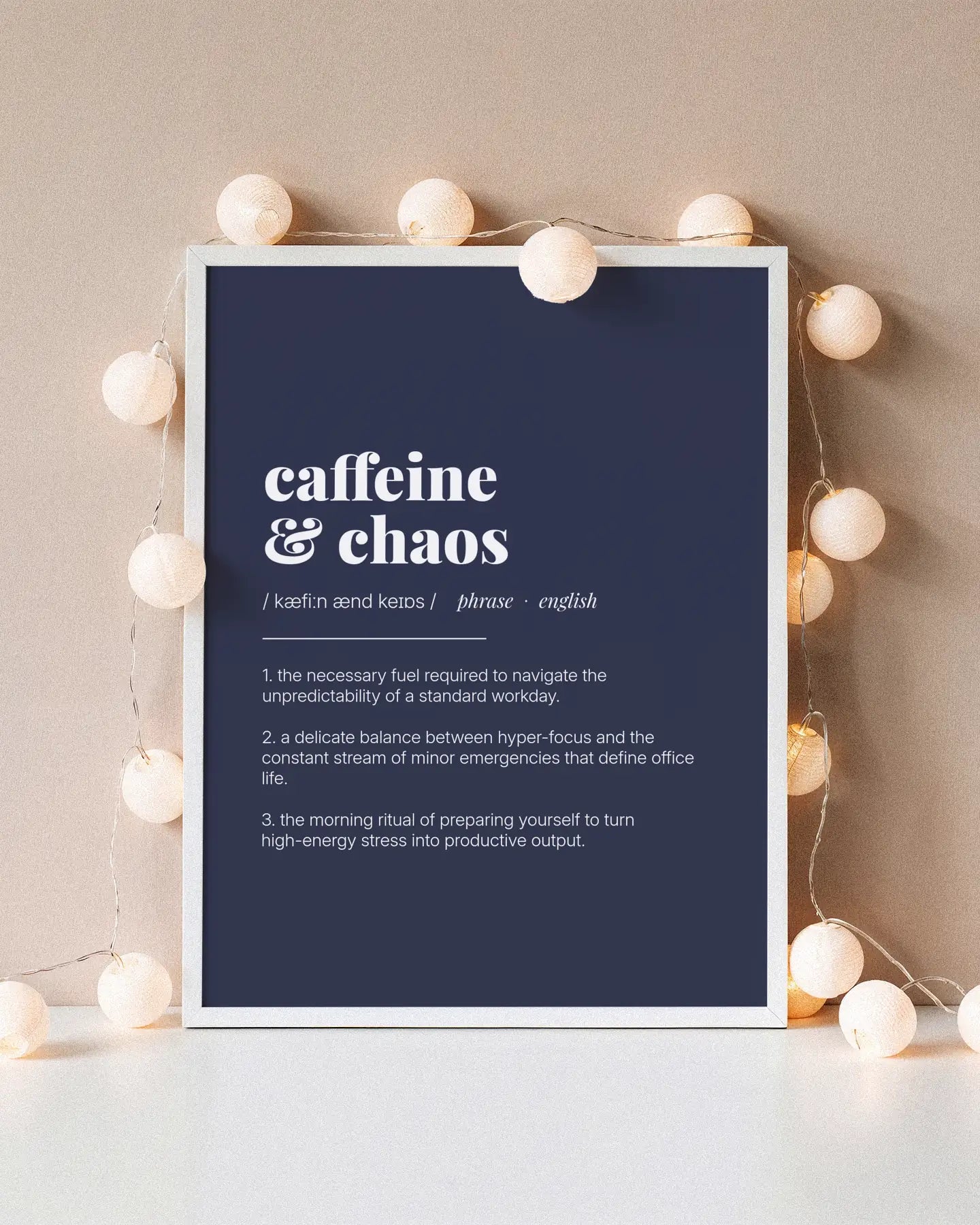 Definition Poster of Caffeine<br />& Chaos on Deep Navy background