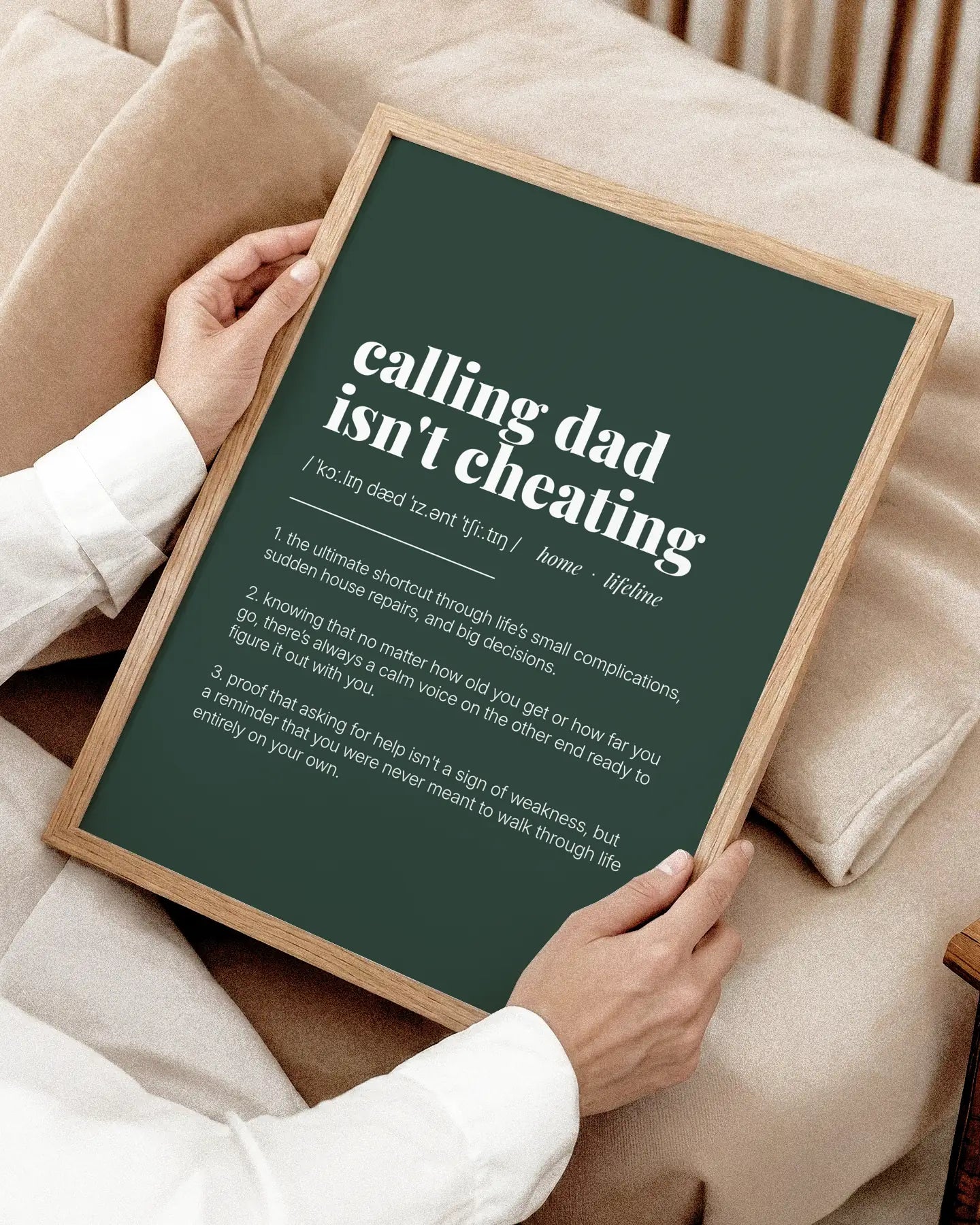 Definition Poster of Calling Dad<br />Isn't Cheating on Emerald background