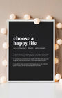 Definition Poster of Choose A<br />Happy Life on Midnight Ink background