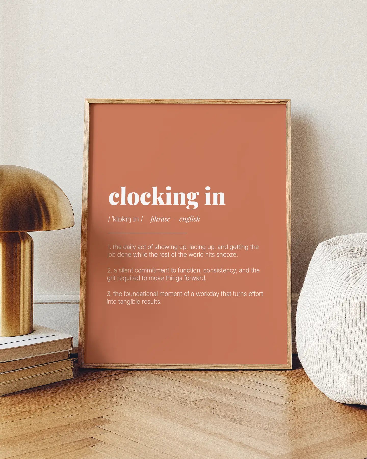 Definition Poster of Clocking in on Terracotta background