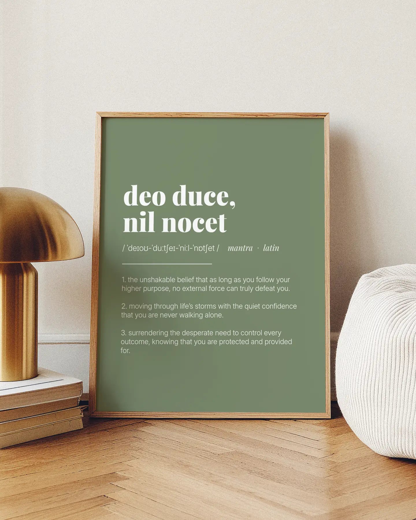 Definition Poster of Deo Duce, <br />Nil Nocet on Sage Green background