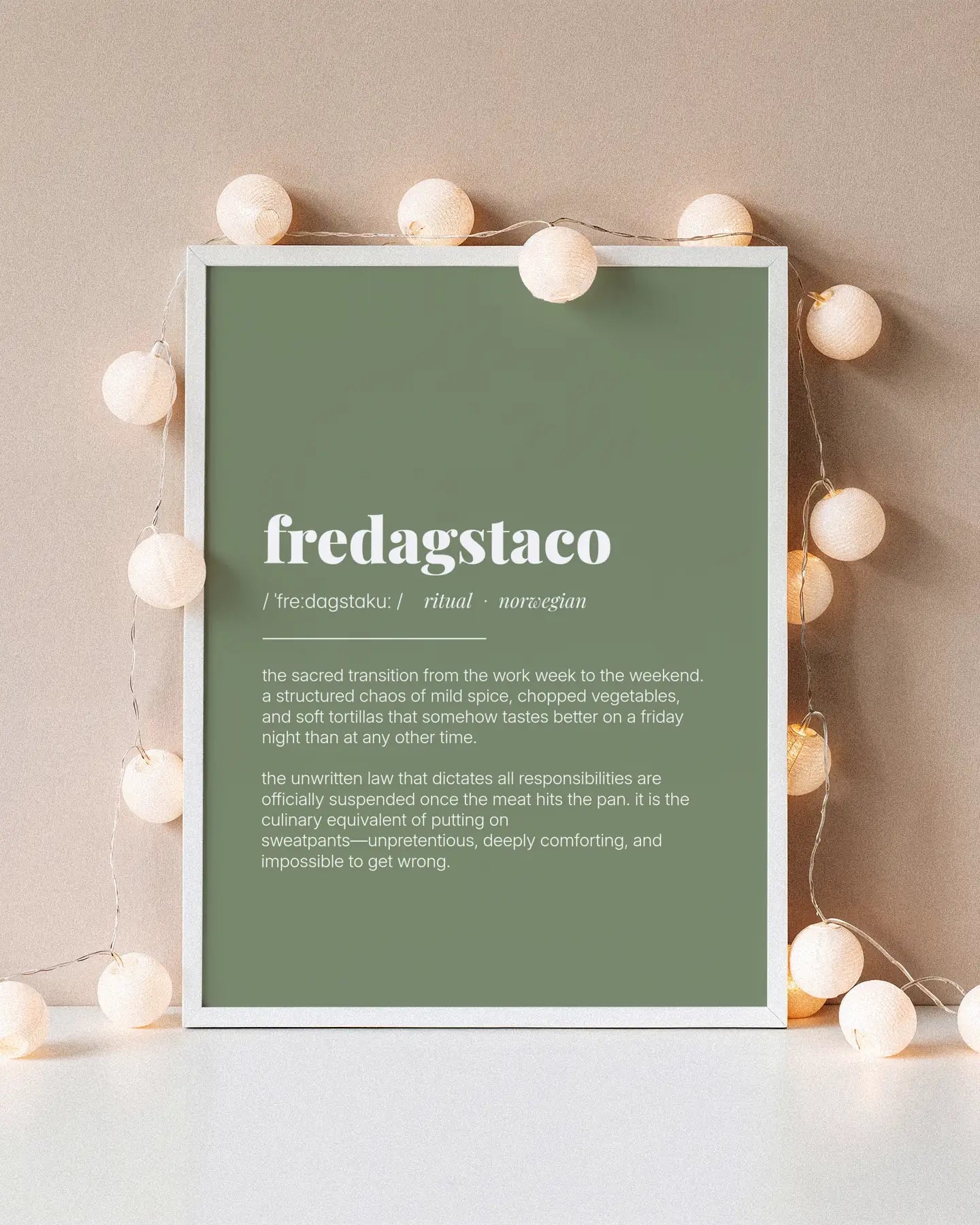 Definition Poster of Fredagstaco on Sage Green background
