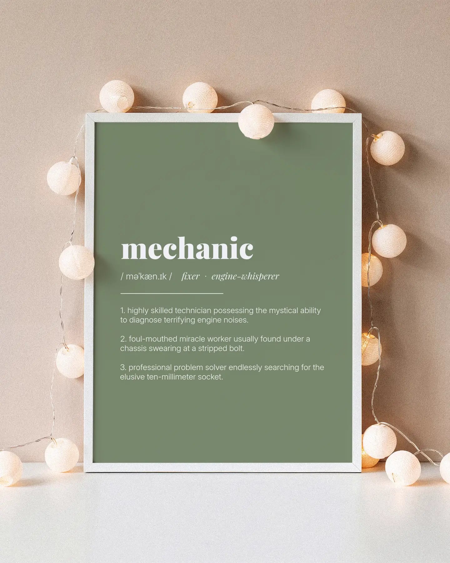 Definition Poster of Mechanic on Sage Green background