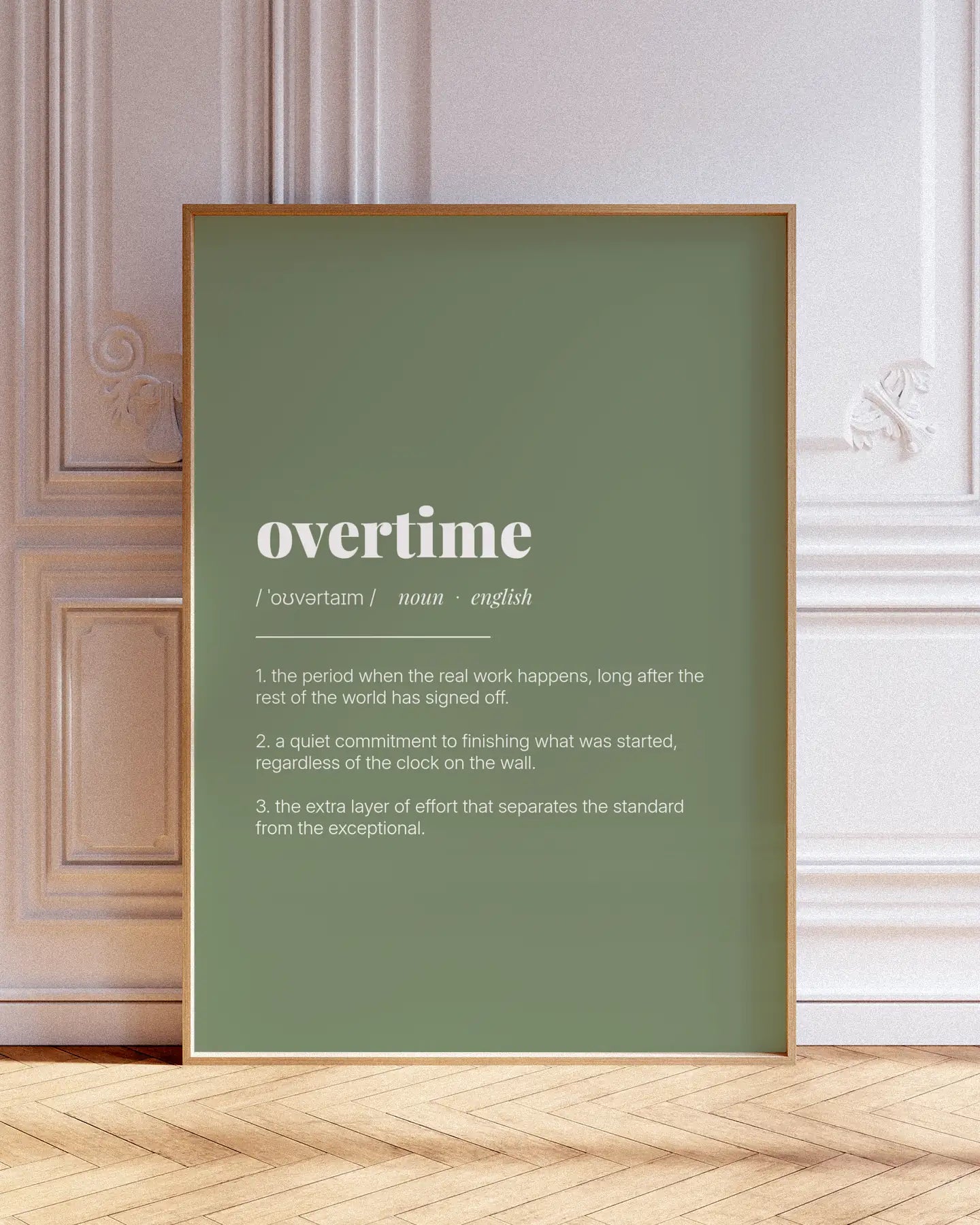 Definition Poster of Overtime on Sage Green background