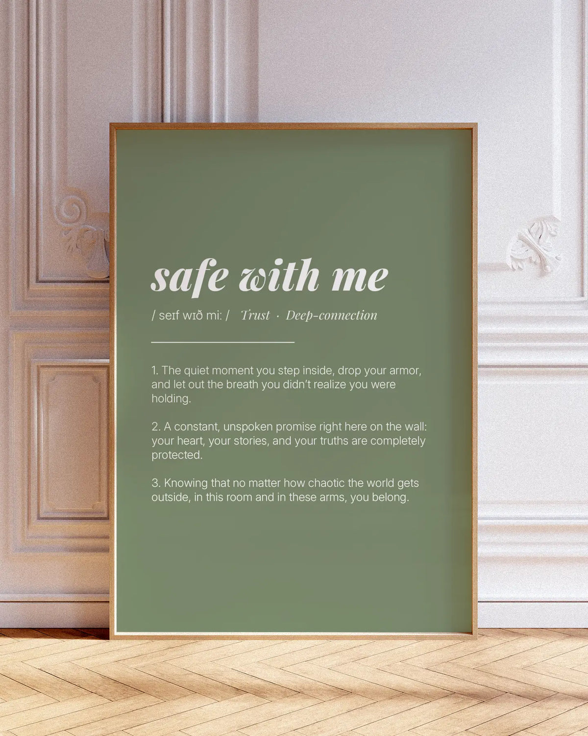 Definition Poster of Safe with Me on Sage Green background