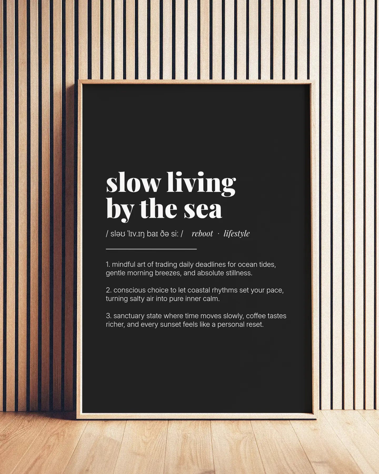 Definition Poster of Slow Living<br />By The Sea on Midnight Ink background
