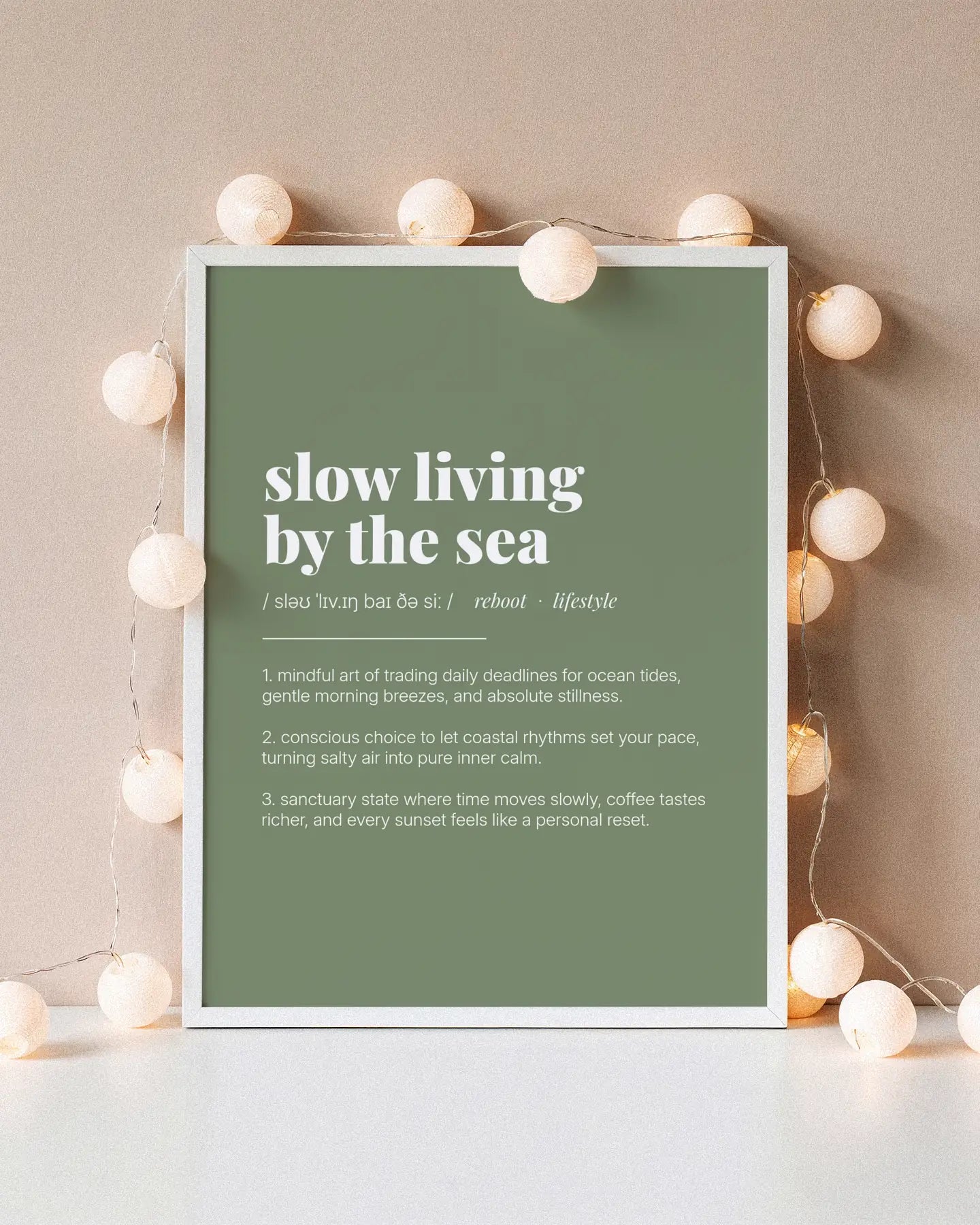 Definition Poster of Slow Living<br />By The Sea on Sage Green background