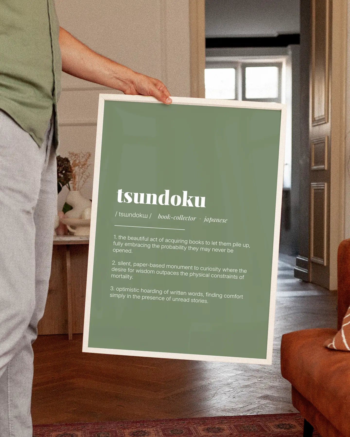 Definition Poster of Tsundoku on Sage Green background
