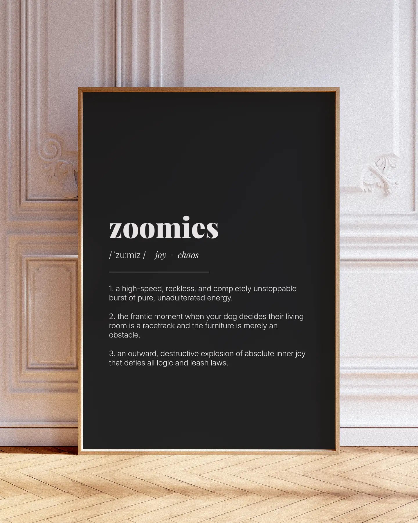 Definition Poster of Zoomies on Midnight Ink background